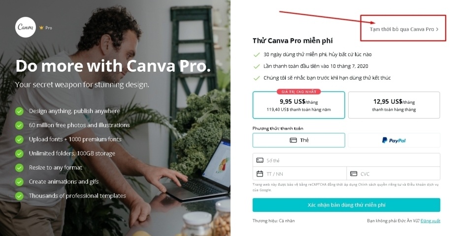 Bỏ qua Canva pro để sử dụng miễn phí.