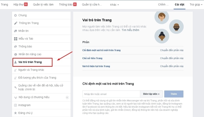 Phần vài trò trên trang trong fanpage.