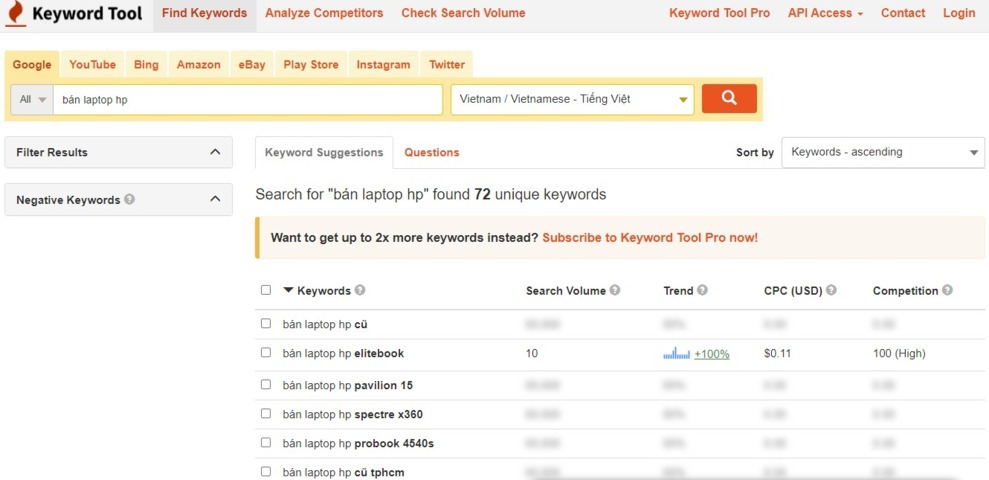 Công cụ tra cứu từ khóa – keywordtool.io