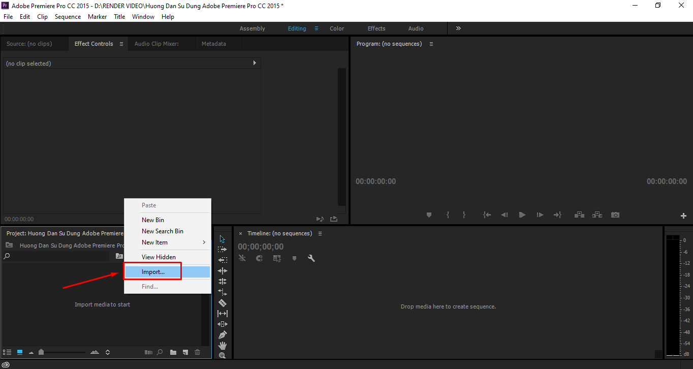 Cách cắt ghép video trên Premiere - import video vào project